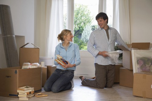 Packed office equipment prepared for relocation in Greenwich